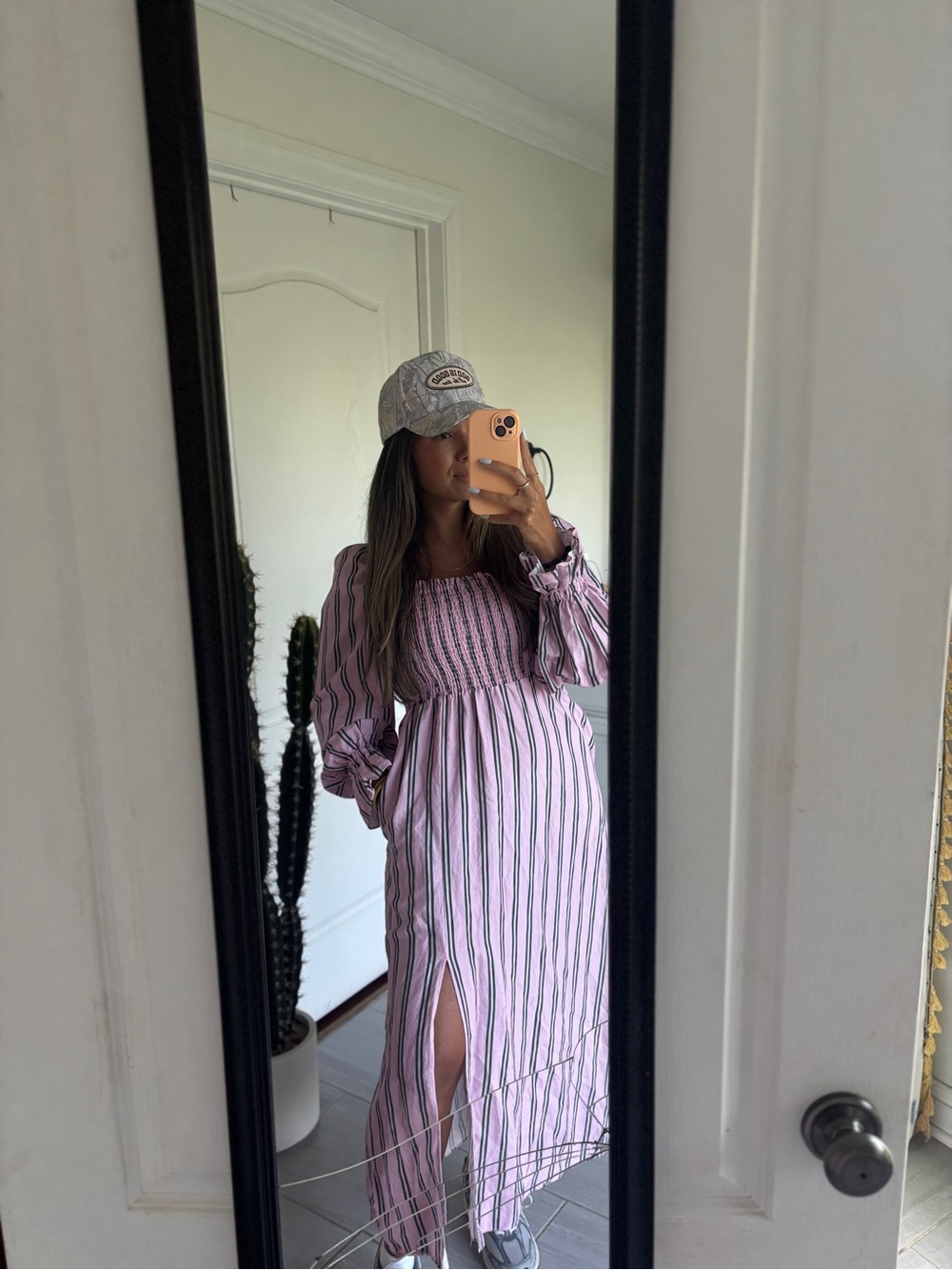 Kitri Pink Striped puff sleeve Preppy Dress for Women
